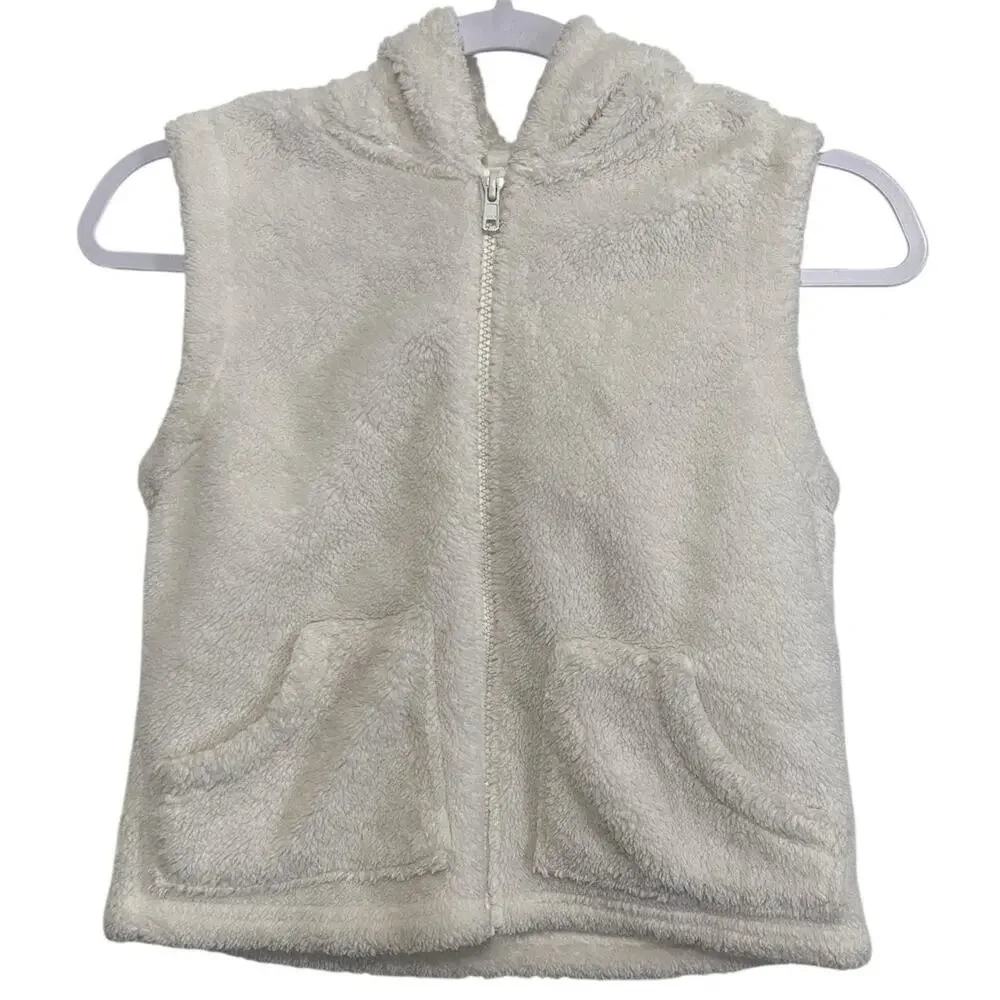 Gymboree Fleece Hoodie Vest Girls L 10-12 White Lined Front Zip Up Open Pockets